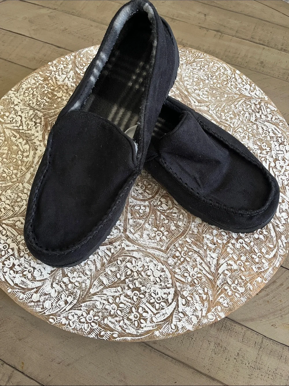 Mens Slippers House Shoes Black Slip-On Loafers